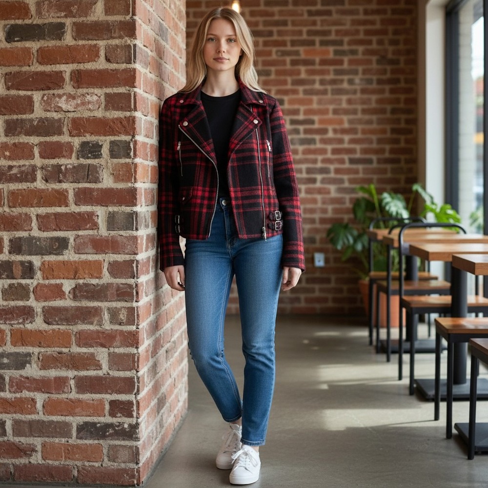 NWOT Vintage Wet Seal Red Black Plaid Moto Jacket Asymmetrical Zip Buckle Large